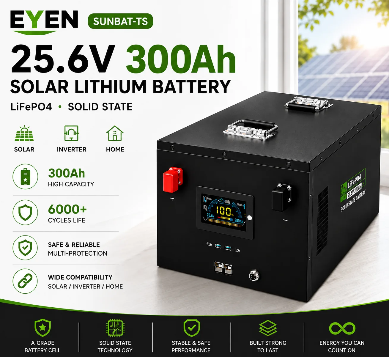 EYUN 25.6V 300Ah 7.68kWh LiFePO4 Lithium Battery with JK Smart BMS for Solar Energy Storage