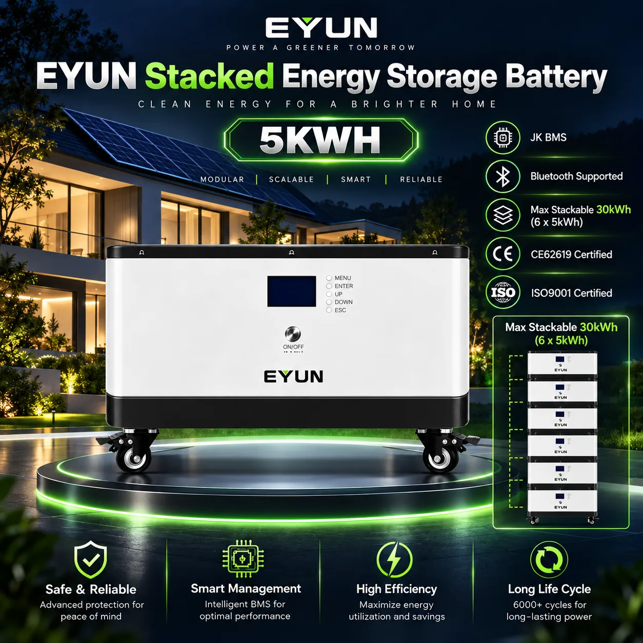 EYUN 51.2V 100Ah 5.12kWh Stackable LiFePO4 Solar Battery with Smart BMS Expandable to 30.72kWh