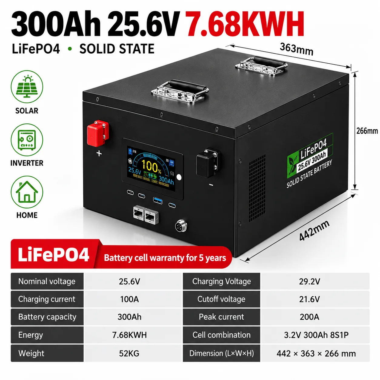 EYUN 25.6V 300Ah 7.68kWh LiFePO4 Lithium Battery with JK Smart BMS for Solar Energy Storage