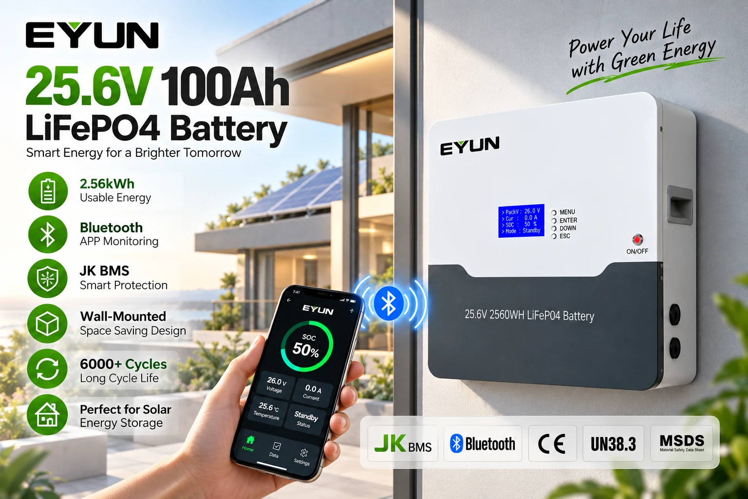 EYUN 25.6V 100Ah 2.56kWh LiFePO4 Wall Mounted Solar Battery with JK BMS Bluetooth Monitoring