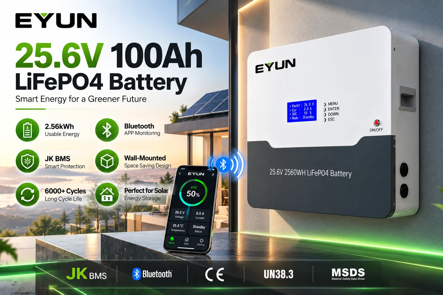 EYUN 25.6V 100Ah 2.56kWh LiFePO4 Wall Mounted Solar Battery with JK BMS Bluetooth Monitoring