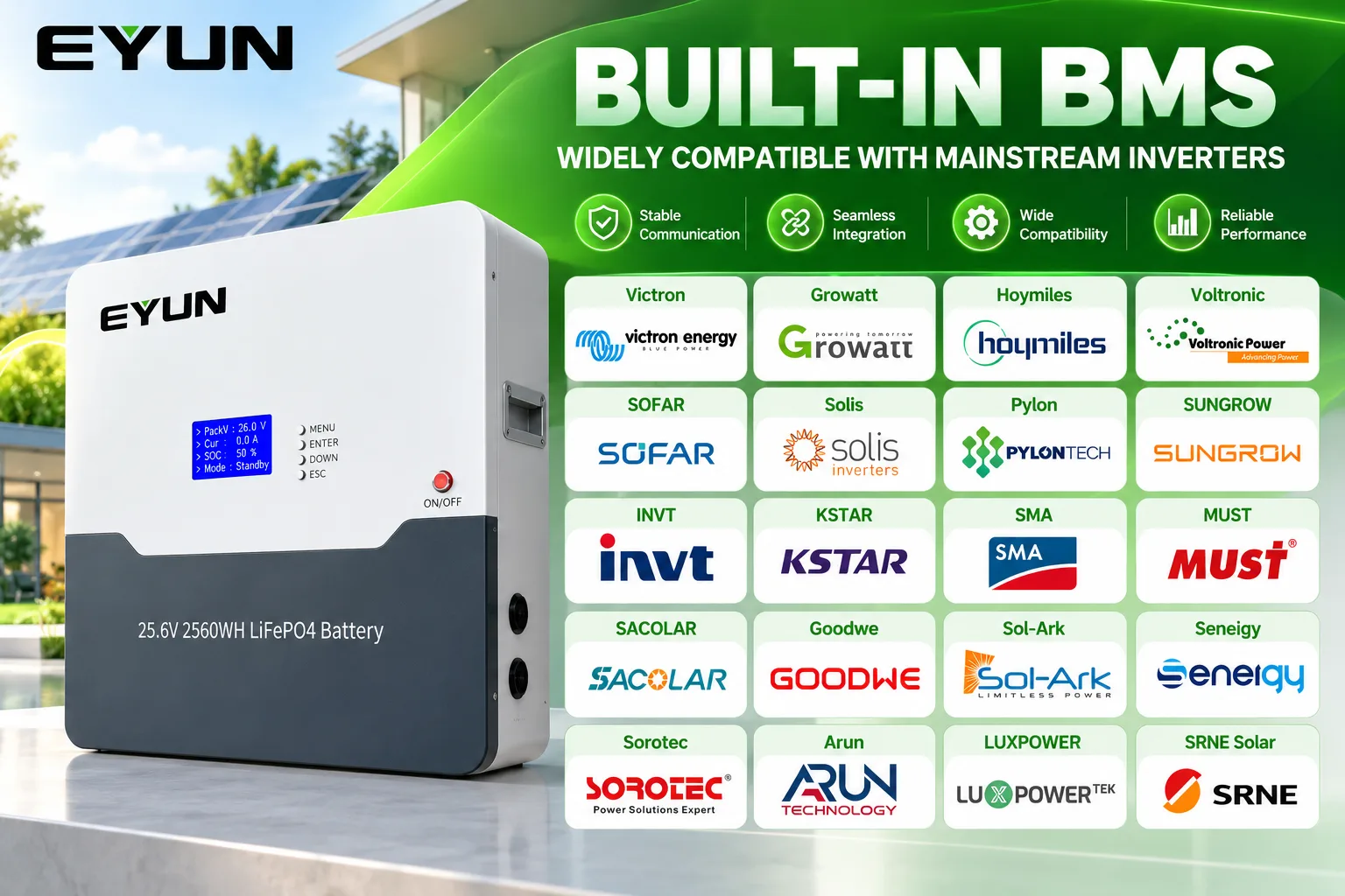 EYUN 25.6V 100Ah 2.56kWh LiFePO4 Wall Mounted Solar Battery with JK BMS Bluetooth Monitoring