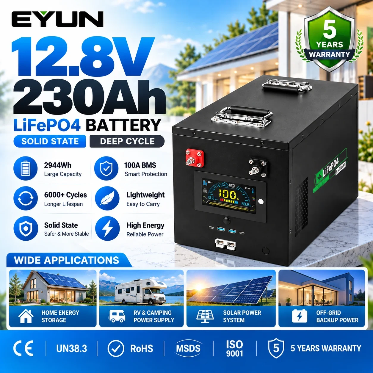 EYUN 12.8V 230Ah LiFePO4 Battery 2.94kWh with Bluetooth BMS for Solar, RV and Off-Grid Power