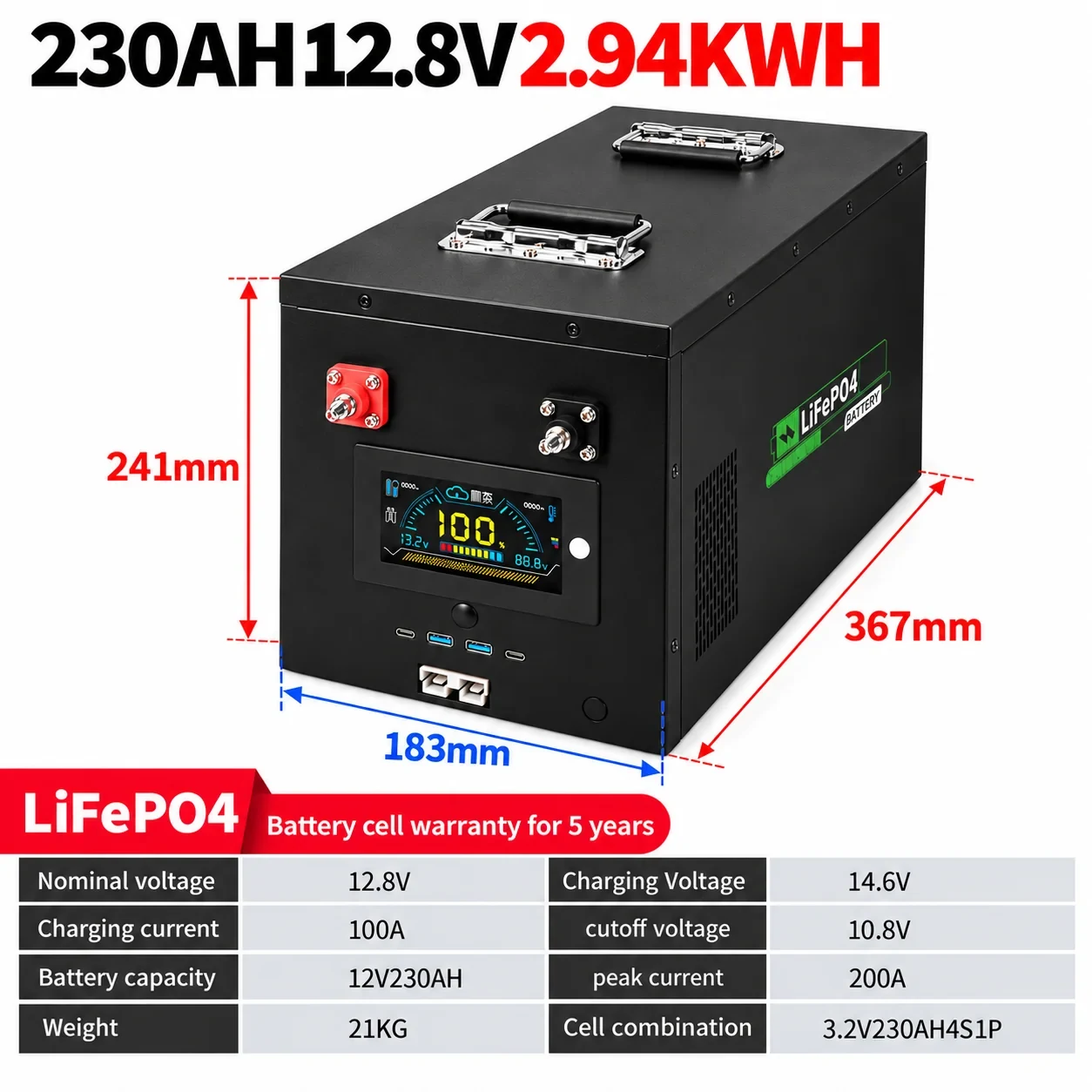 EYUN 12.8V 230Ah LiFePO4 Battery 2.94kWh with Bluetooth BMS for Solar, RV and Off-Grid Power