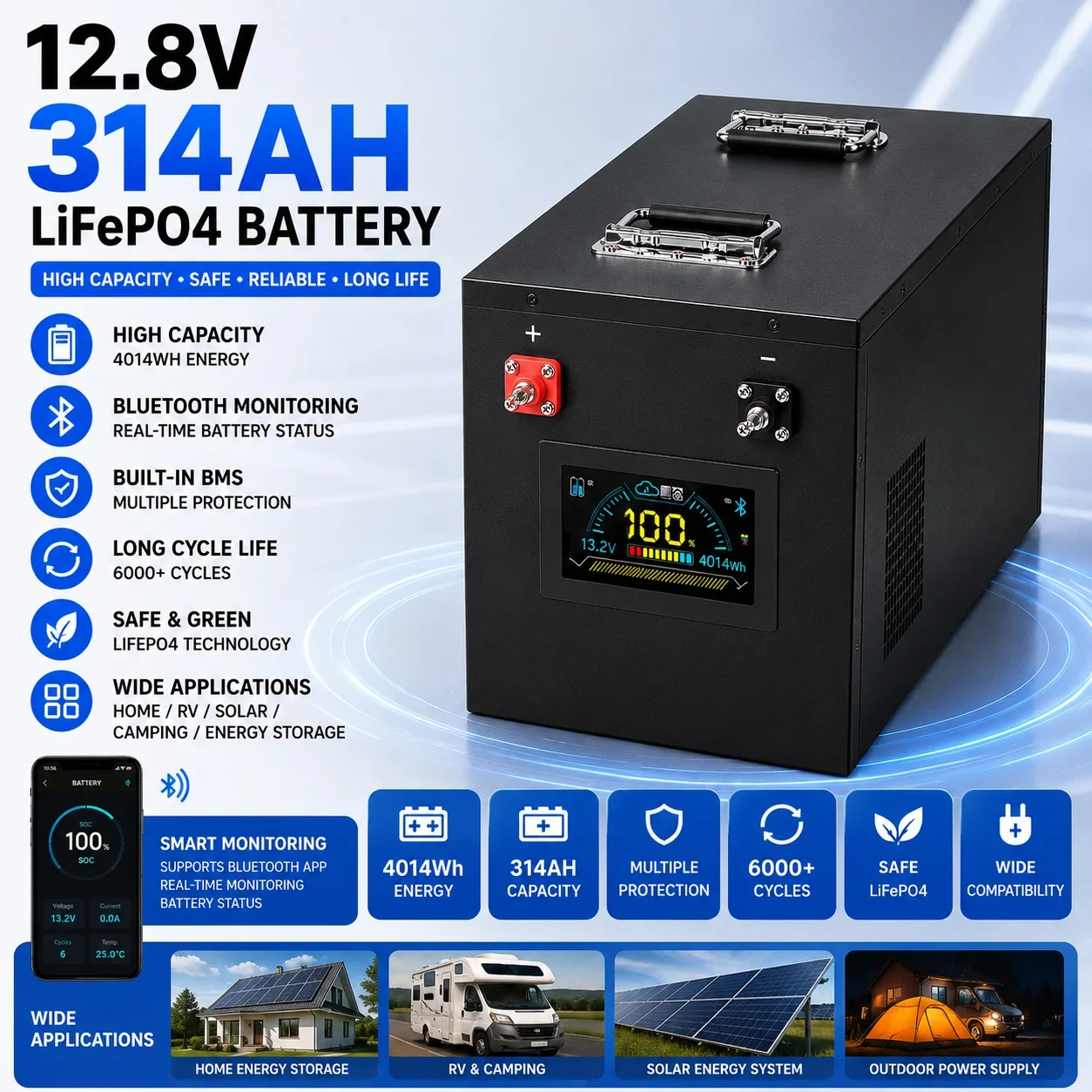 EYUN 12.8V 314Ah LiFePO4 Battery 4.02kWh with Bluetooth BMS for Solar Energy Storage, RV and Off-Grid Power