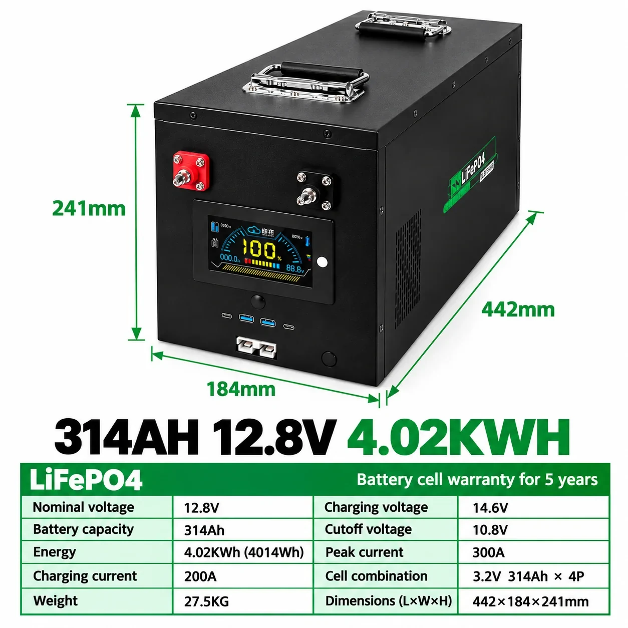 EYUN 12.8V 314Ah LiFePO4 Battery 4.02kWh with Bluetooth BMS for Solar Energy Storage, RV and Off-Grid Power