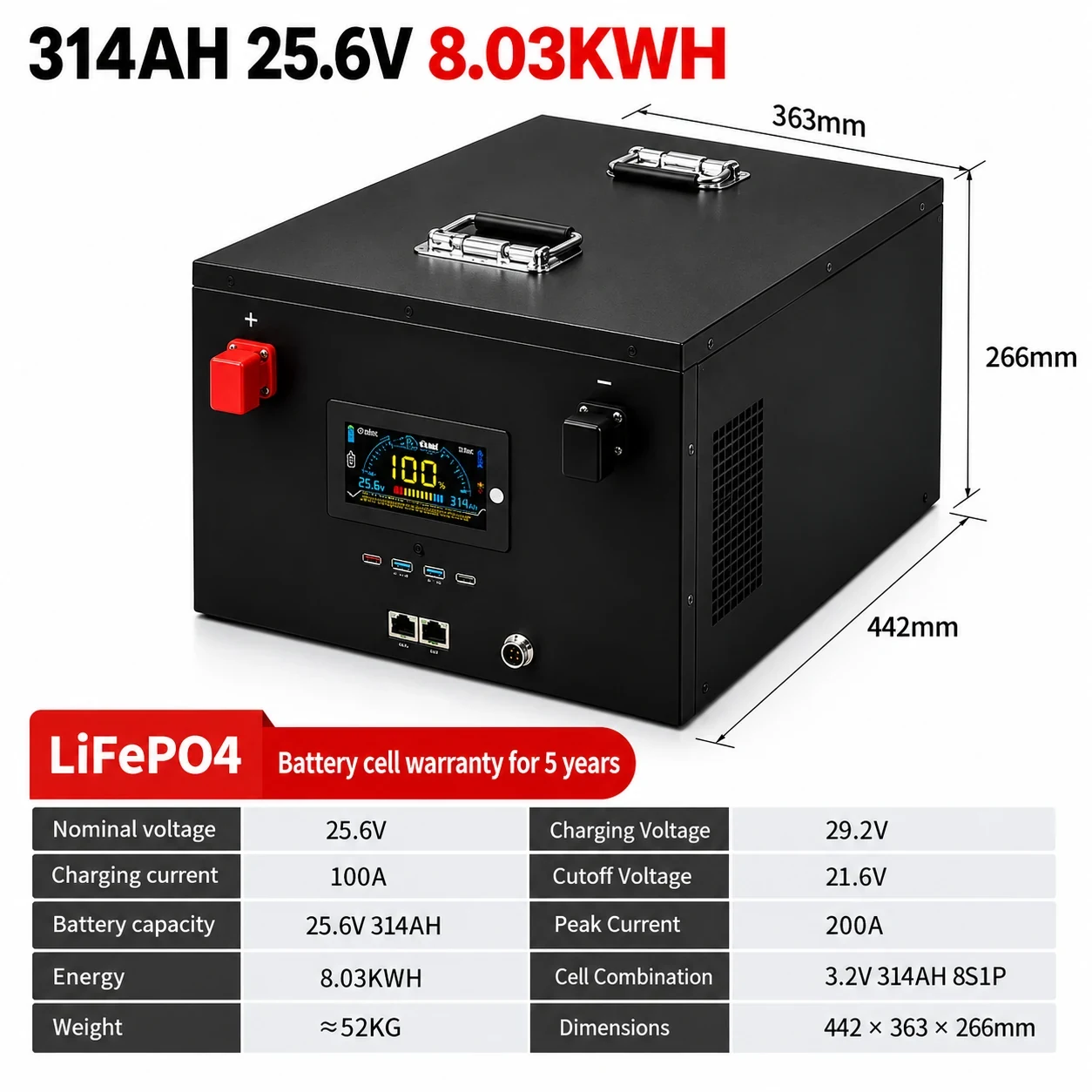 EYUN 25.6V 314Ah 8.03kWh LiFePO4 Battery