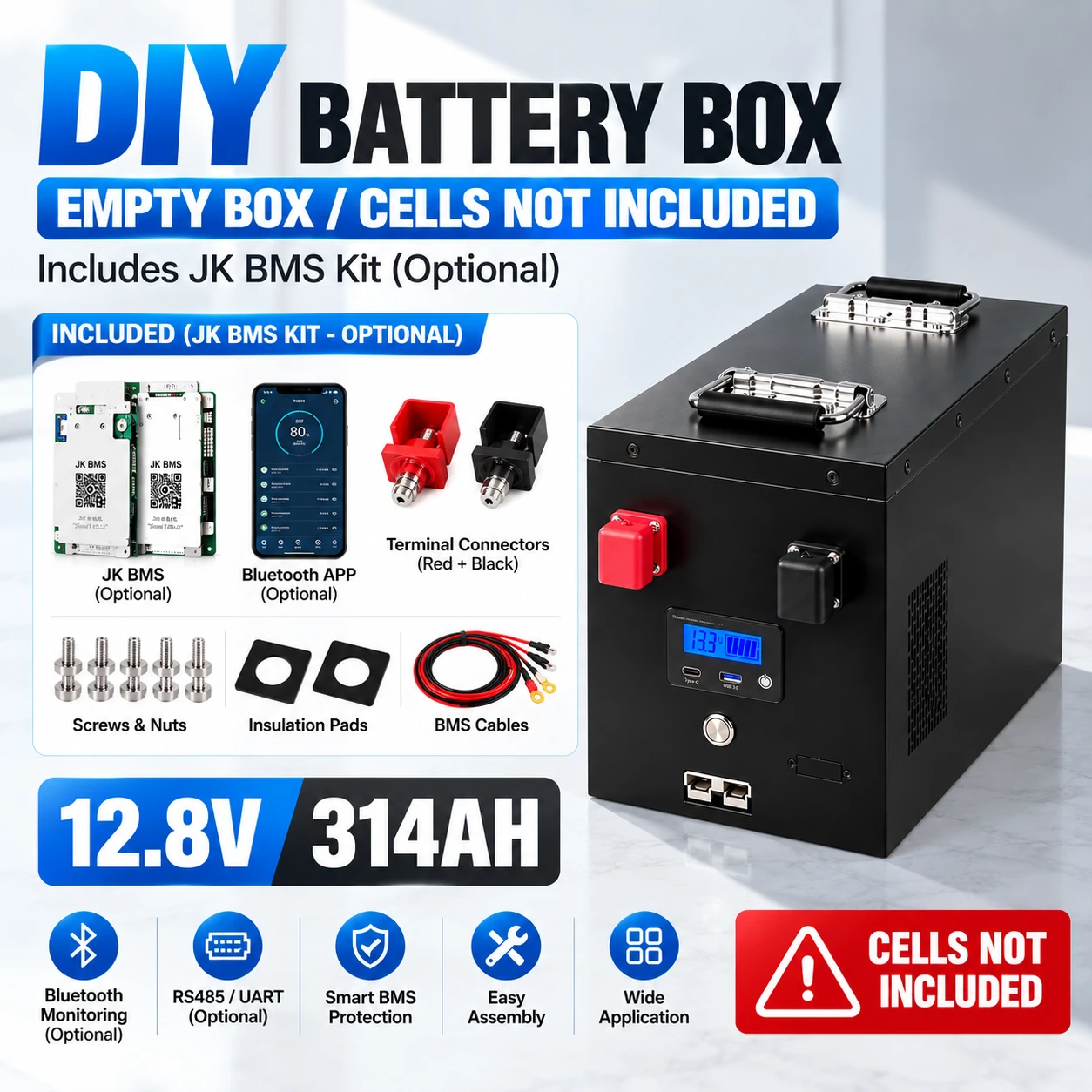 EYUN 12.8V DIY LiFePO4 Battery Box Kit for 280Ah 300Ah 314Ah Cells with Smart Display and Optional JK BMS