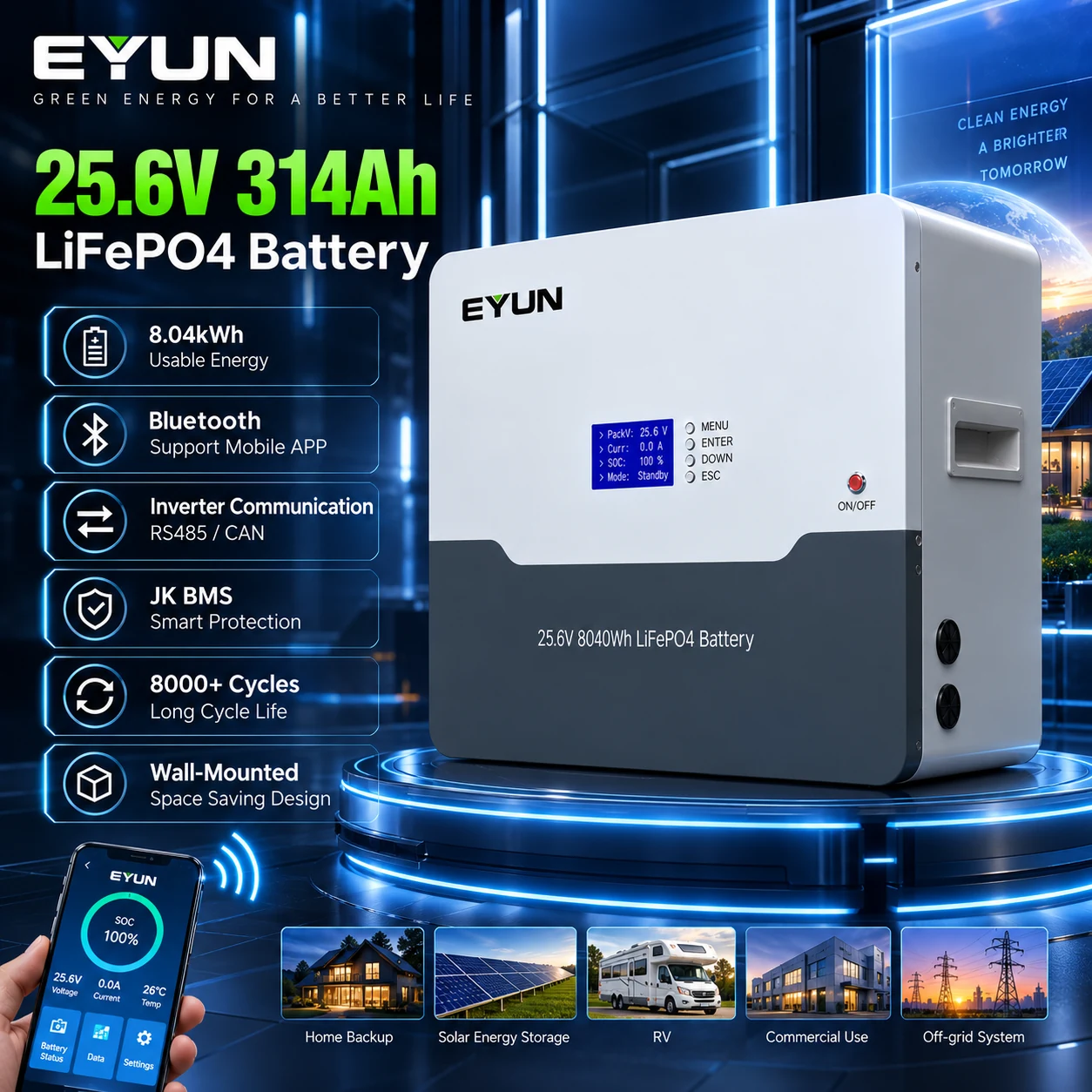 EYUN 25.6V 314Ah 8.04kWh Wall-Mounted LiFePO4 Solar Energy Storage Battery with Smart BMS